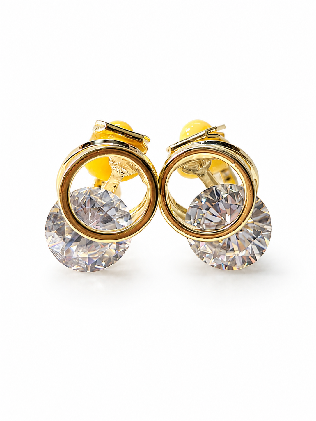 Gold crystal clip-on earrings designed as lightweight comfort jewellery for women who prefer elegant no-piercing earrings