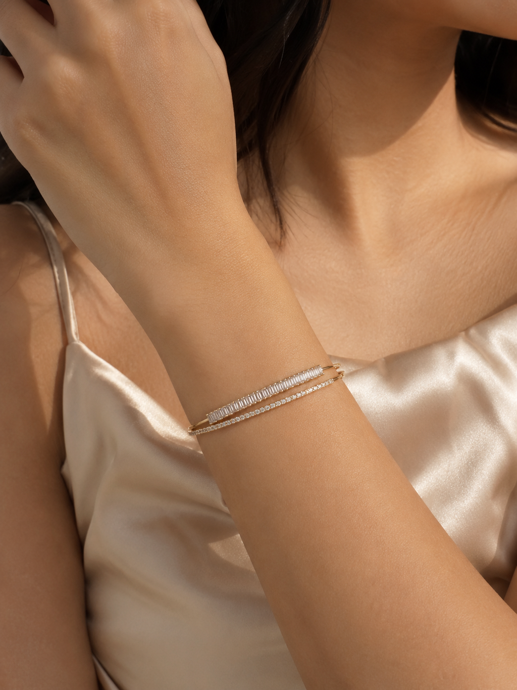 Gold open cuff bracelet for women with delicate crystal rows and polished gold-tone detailing, designed for elegant everyday jewellery