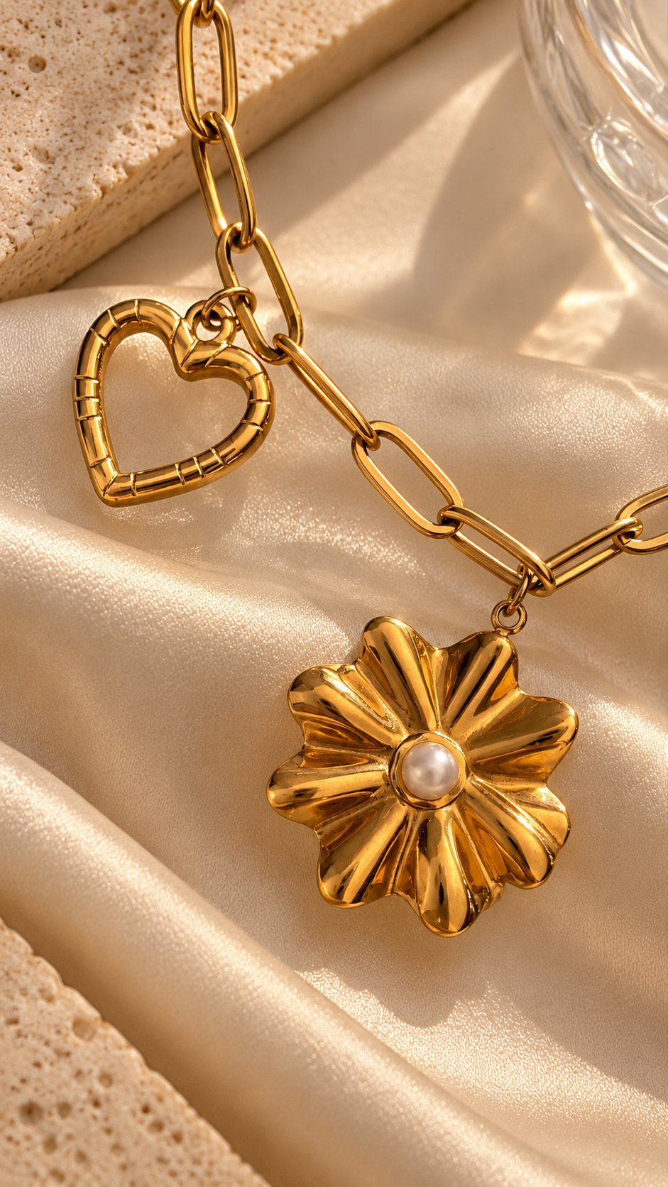 Detailed view of Ashaarya's gold-tone paperclip chain bracelet with decorative heart and pearl-accented flower charms.
Copy filename