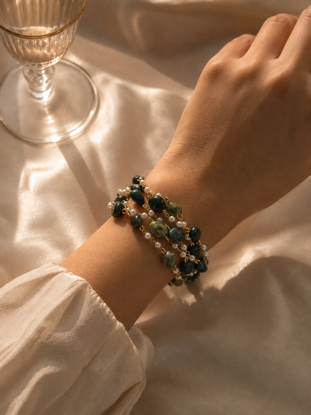 Green stone bracelet for women combining natural green stones and white pearls in a layered design for effortless everyday styling