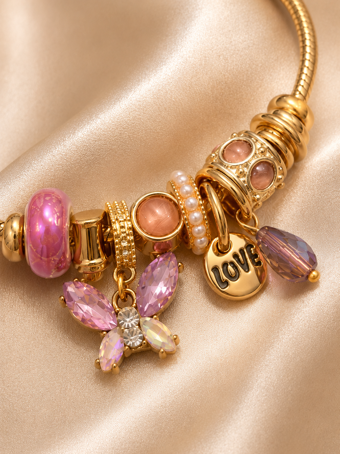 Lavender Daydream Charm Bracelet by Ashaarya featuring lavender crystal charms and 18KT gold tone finish.