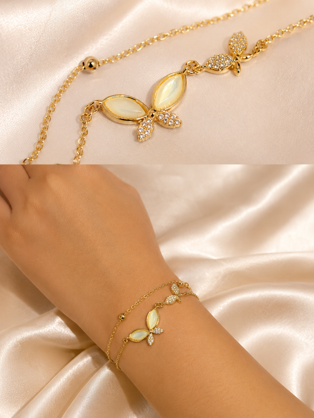 anti tarnish bracelet, butterfly bracelet for women, gold bracelet for women, lightweight bracelet, dual chain bracelet, 18kt gold plated bracelet, stainless steel bracelet, everyday bracelet, adjustable bracelet, butterfly jewellery, demi fine jewellery, comfort jewellery, Ashaarya bracelet