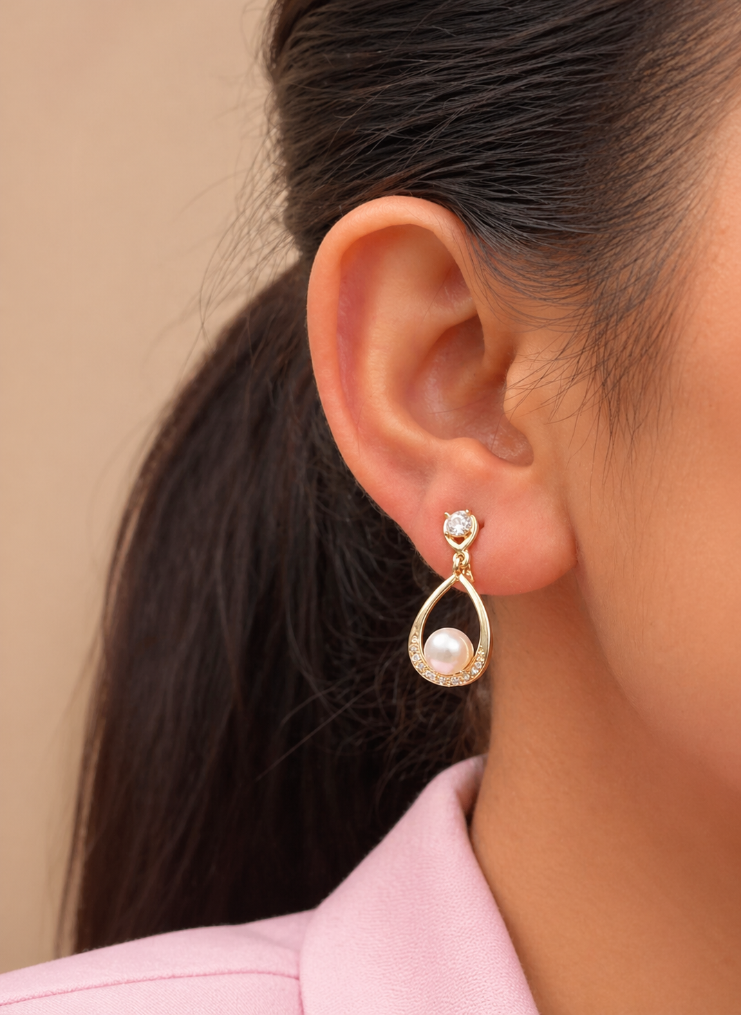 Model wearing anti-tarnish pearl drop earrings, lightweight dangling earrings for women, elegant comfort jewellery by Ashaarya