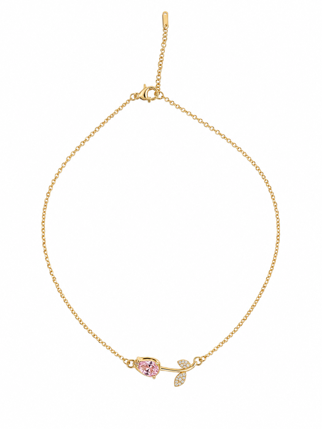 Lightweight pink stone necklace designed as comfort jewellery with a delicate gold chain and elegant gemstone and leaf accents