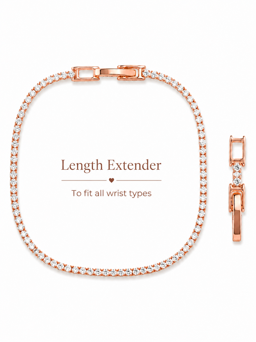 Anti-tarnish rose gold stone bracelet with a refined crystal tennis design, secure clasp and length extender for versatile styling