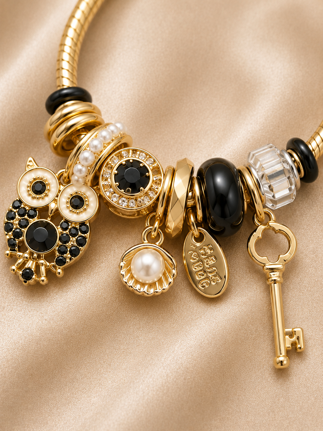 Close-up of the Noir Wisdom Charm Bracelet charms including owl, key, pearl shell and black crystal details by Ashaarya.