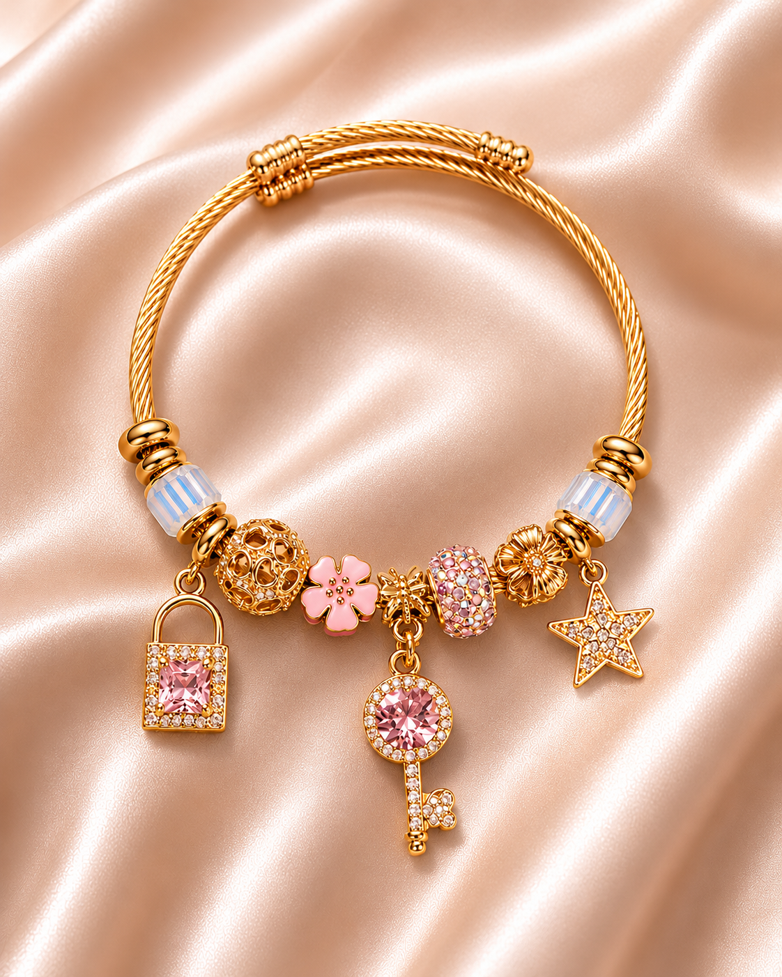 Pink Starlight Cute Charm Bracelet by Ashaarya featuring pink lock charm, crystal key charm, floral charms and star charm, anti-tarnish comfort jewellery for women.