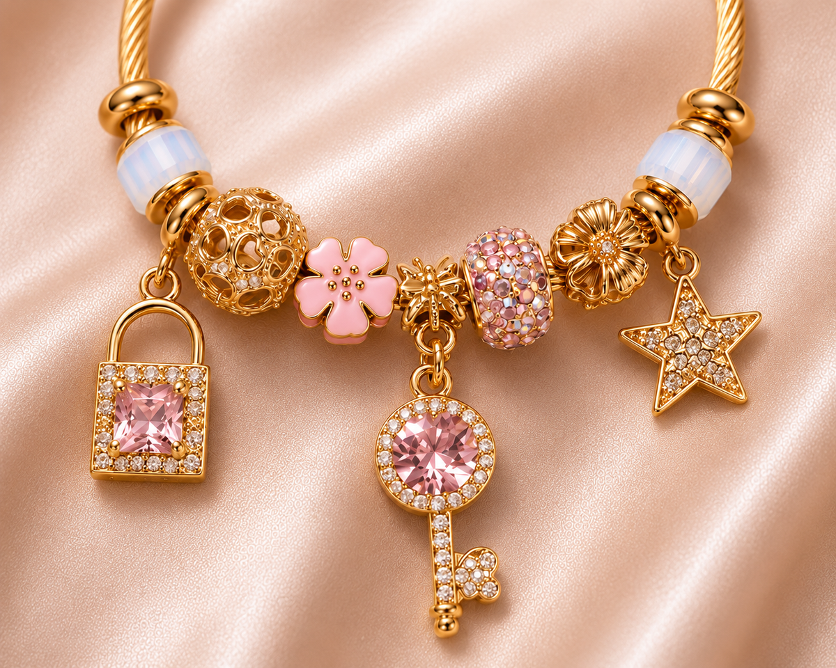 Detailed view of Pink Starlight Cute Charm Bracelet with pink crystal charms, gold-tone finish, anti-tarnish comfort jewellery for women.