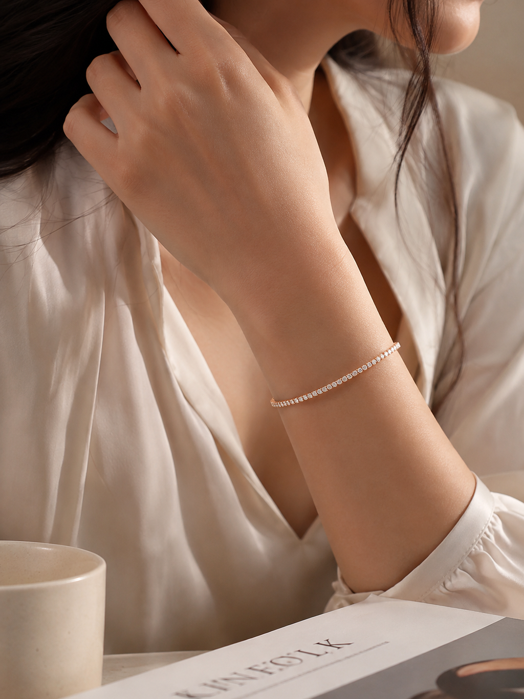 Rose gold bracelet for women with sparkling stones, secure clasp and adjustable length extender designed to fit different wrist sizes