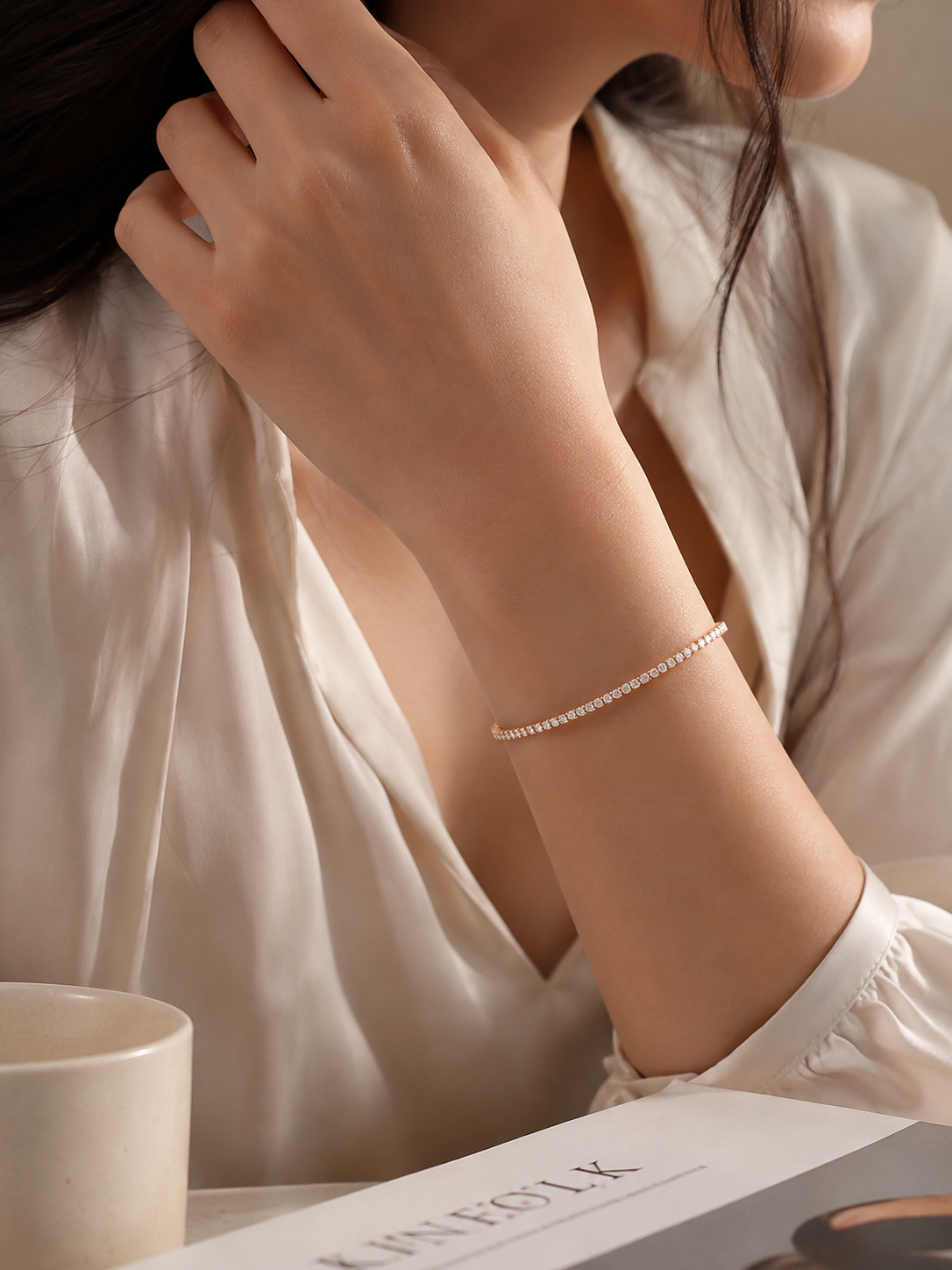 Rose gold bracelet for women with sparkling stones, secure clasp and adjustable length extender designed to fit different wrist sizes