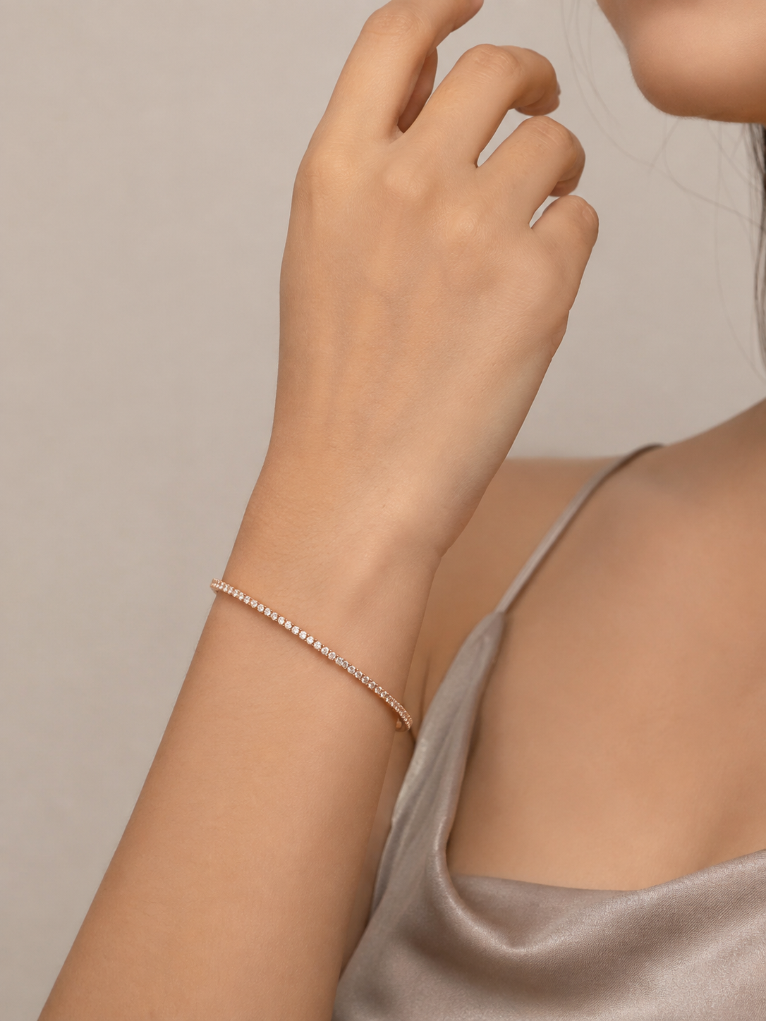 Rose gold crystal bracelet for women featuring a delicate stone-set design and adjustable fit for comfortable everyday jewellery