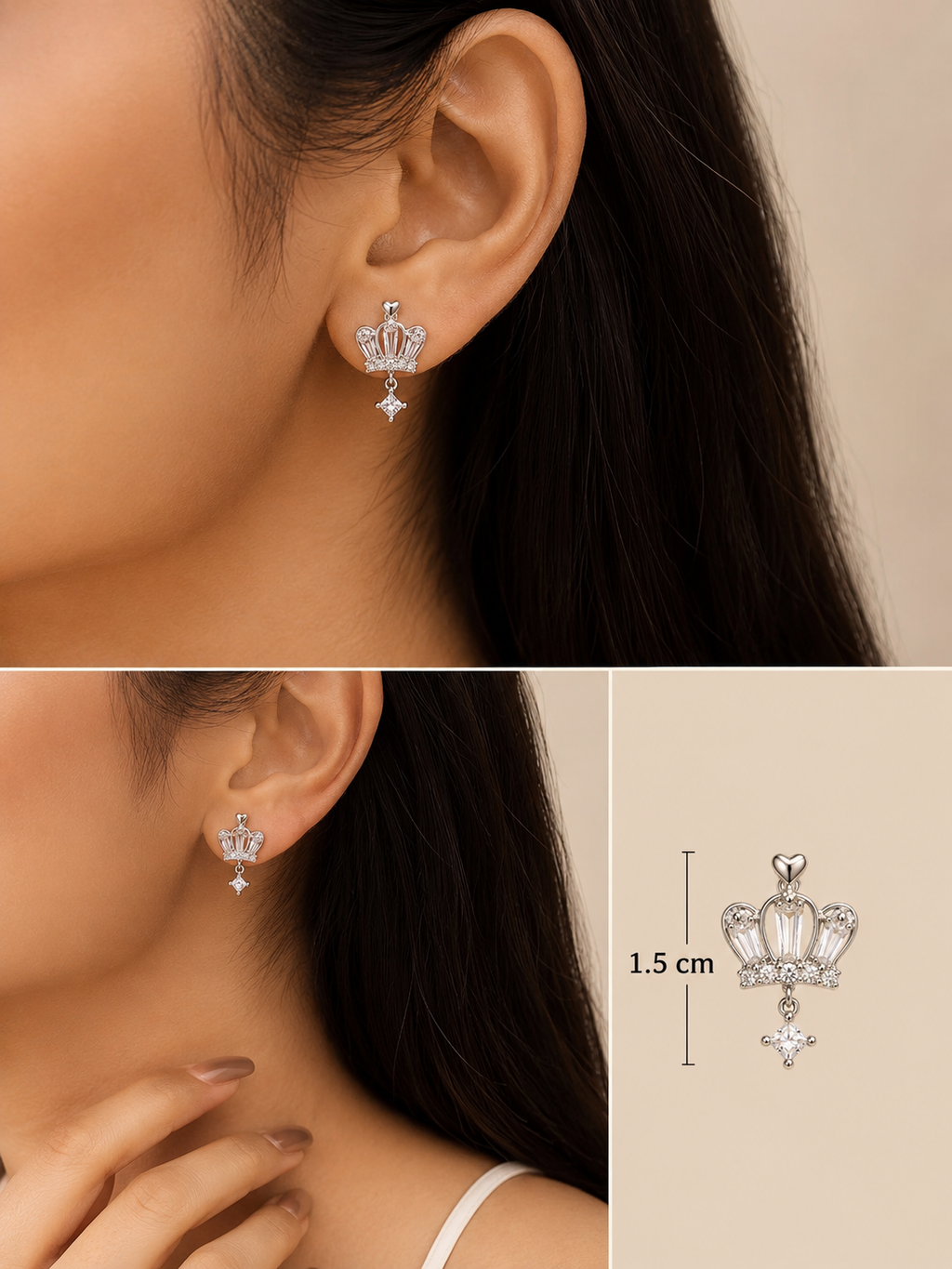 Crown-shaped earrings worn by a person, with a close-up and measurement detail. royal trio earrings set, crown earrings for women, silver crown earrings, crown stud earrings, crown drop earrings, stud earrings for women, anti tarnish earrings, stainless steel earrings, lightweight earrings, skin friendly earrings, hypoallergenic earrings, cubic zirconia earrings, silver earrings for girls, everyday earrings, party wear earrings, elegant stud earrings, dainty earrings, premium earrings for women, earrings co