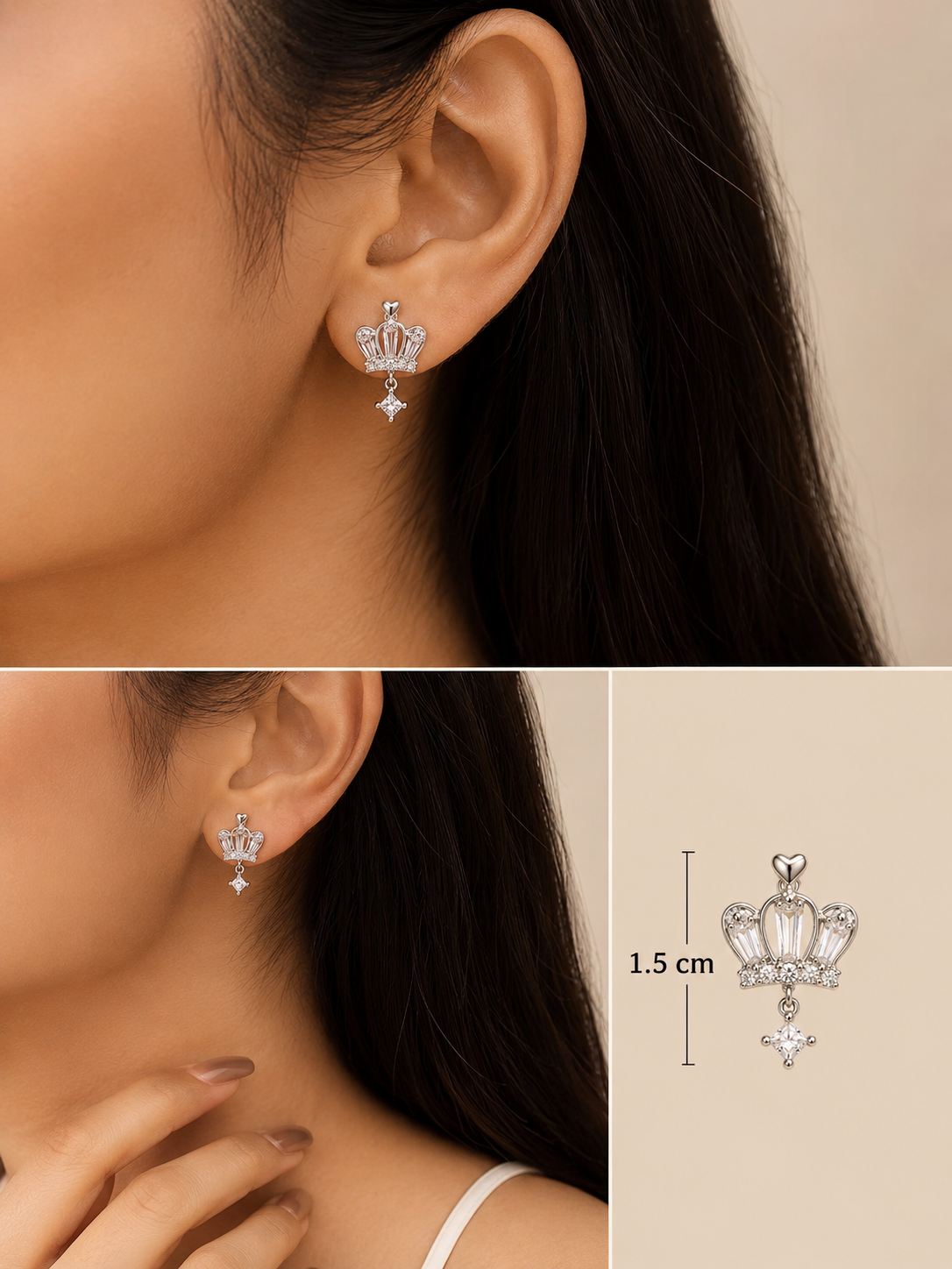 Crown-shaped earrings worn by a person, with a close-up and measurement detail. royal trio earrings set, crown earrings for women, silver crown earrings, crown stud earrings, crown drop earrings, stud earrings for women, anti tarnish earrings, stainless steel earrings, lightweight earrings, skin friendly earrings, hypoallergenic earrings, cubic zirconia earrings, silver earrings for girls, everyday earrings, party wear earrings, elegant stud earrings, dainty earrings, premium earrings for women, earrings co