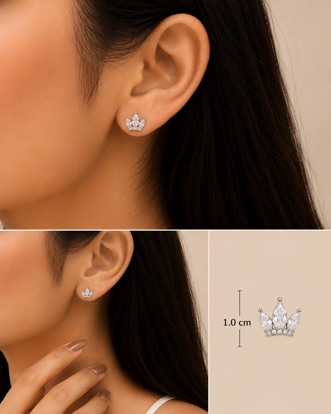 Close-up of a woman wearing diamond stud earrings with a size reference on beige background.royal trio earrings set, crown earrings for women, silver crown earrings, crown stud earrings, crown drop earrings, stud earrings for women, anti tarnish earrings, stainless steel earrings, lightweight earrings, skin friendly earrings, hypoallergenic earrings, cubic zirconia earrings, silver earrings for girls, everyday earrings, party wear earrings, elegant stud earrings, dainty earrings, premium earrings for women,