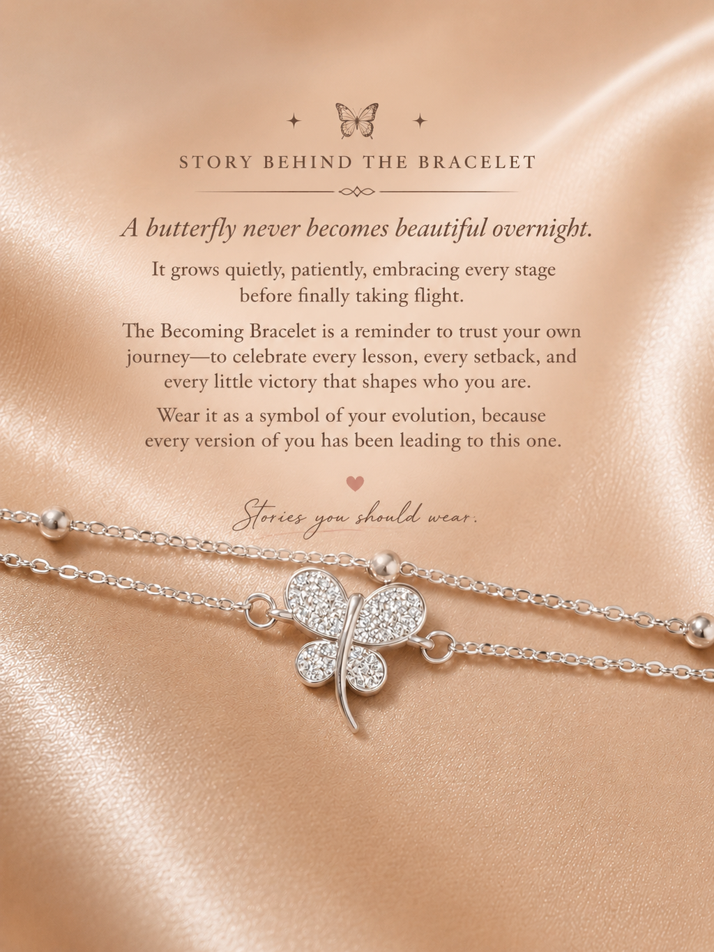 The Becoming Bracelet by Ashaarya featuring a sparkling silver butterfly charm on a dual-chain anti-tarnish 316L stainless steel bracelet for women.