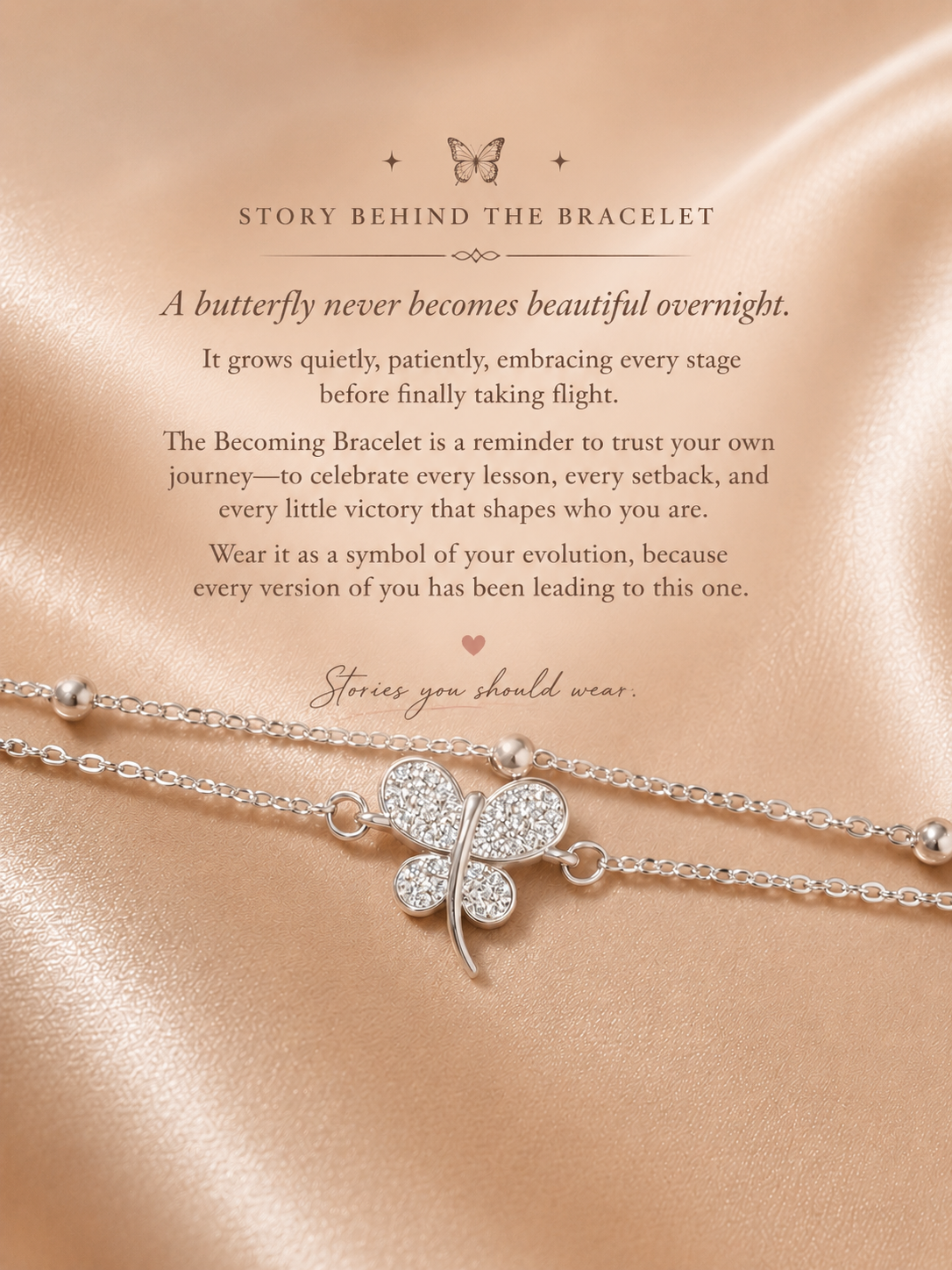 The Becoming Bracelet by Ashaarya featuring a sparkling silver butterfly charm on a dual-chain anti-tarnish 316L stainless steel bracelet for women.