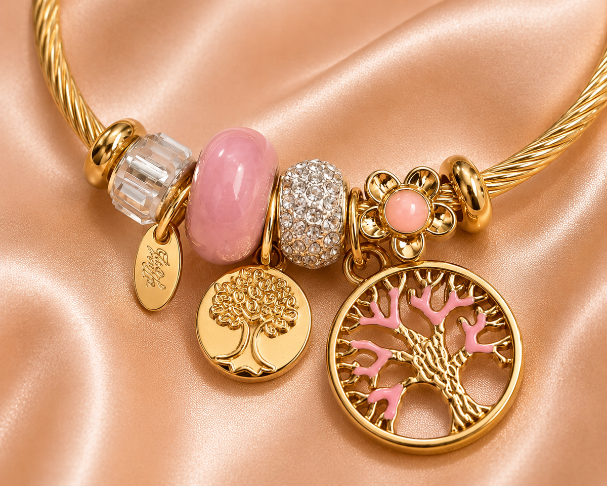 Anti-tarnish Tree of Life charm bracelet for women with blush pink accents, crystal charm beads, gold-tone finish and all-day comfort by Ashaarya.