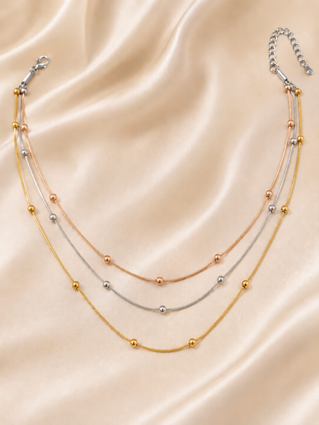 trio necklace for women, layered necklace, tri colour necklace, three tone necklace, stainless steel necklace, anti tarnish necklace, lightweight necklace, everyday necklace, luxury necklace for women, 18KT gold plated necklace, rose gold necklace, silver necklace, beaded necklace, demi fine jewellery, comfort jewellery, Ashaarya necklace